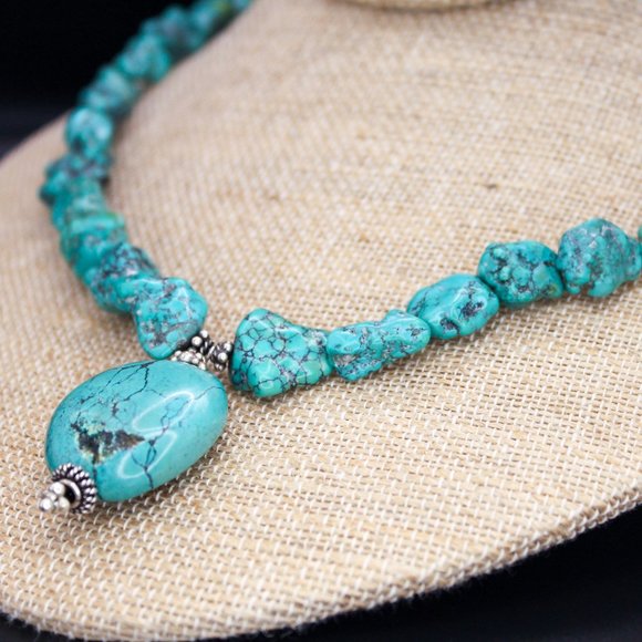 Turquoise Pendant Chunky Nugget Beaded Vintage Necklace Silver Clasp Findings - Picture 4 of 14